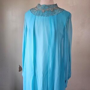 Vintage 70s Blue Disco Diva Stage Chiffon Sheer Overlay Maxi Dress Gown Beaded M